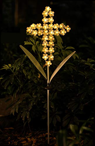 WSgift White Cross Garden Stake Solar Lights Metal Hydrangea Cross Stake Memorial Gift w/ 28 LEDs Perfect Sympathy Gifts (10" W x 40" H) - Image 4