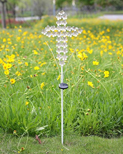 WSgift White Cross Garden Stake Solar Lights Metal Hydrangea Cross Stake Memorial Gift w/ 28 LEDs Perfect Sympathy Gifts (10" W x 40" H) - Image 2