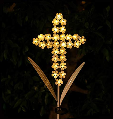 WSgift White Cross Garden Stake Solar Lights Metal Hydrangea Cross Stake Memorial Gift w/ 28 LEDs Perfect Sympathy Gifts (10" W x 40" H) - Image 1