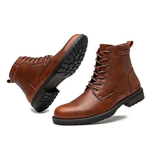 AMAPO Men's Casual Mid-Top Dress Boots, Ankle Motorcycle Combat Boots Lace-Up Side Zipper(A22716-BRN-45) - Image 3