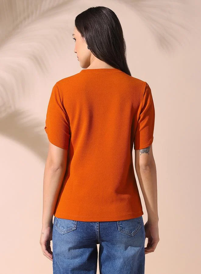 Dennis Lingo Women's Rust 100% Polyester Textured Regular Fit Tops