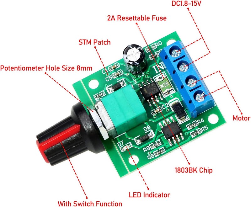WayinTop 3 قطع من محولات تحكم سرعة المحركات ذات الجهد المنخفض بتقنية PWM، بجهود 1.8V، 3V، 5V، 6V، 12V، وقدرة تيار 2A، طراز 1803BK أو 1803B، مزودة بمفتاح تحكم قابل للتعديل ومقبض للتحكم في السرعة (عبوة تحتوي على 3 قطع). - Image 2