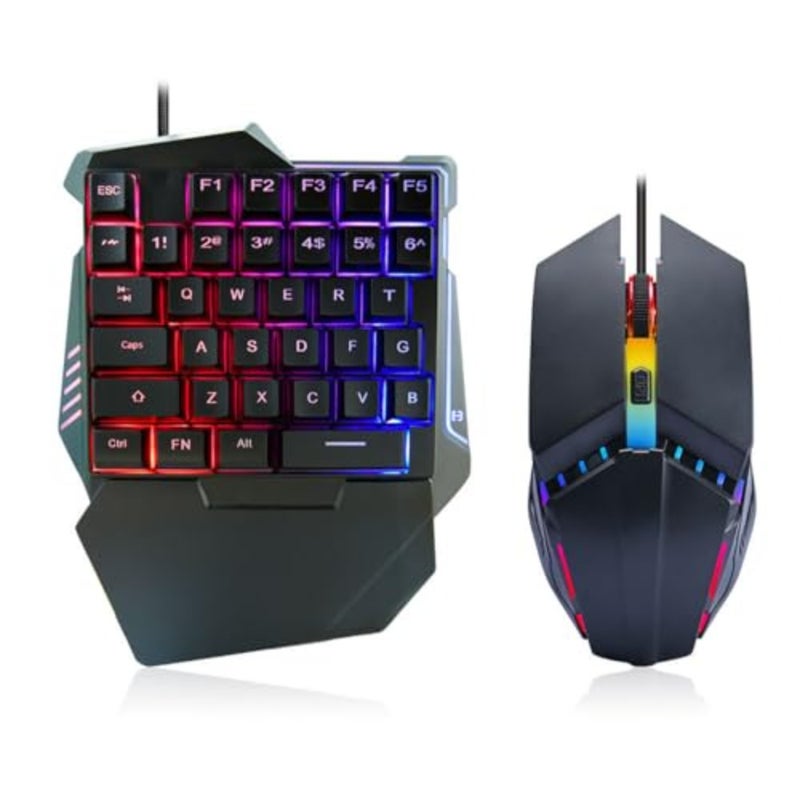 مجموعة وحدة تحكم الألعاب المحمولة للكمبيوتر الشخصي وPS4 وXbox: لوحة مفاتيح RGB صغيرة ذات 35 مفتاحًا وماوس مريح مع 1600 نقطة في البوصة، بلاستيك ABS، أسود مع إضاءة خلفية زرقاء، تصميم بيد واحدة - Image 1