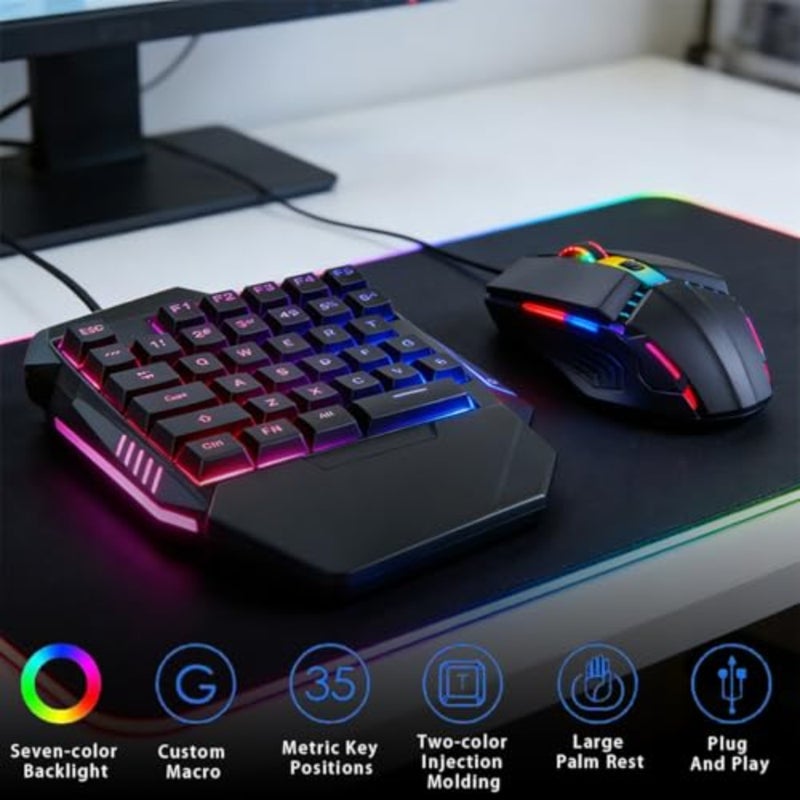 مجموعة وحدة تحكم الألعاب المحمولة للكمبيوتر الشخصي وPS4 وXbox: لوحة مفاتيح RGB صغيرة ذات 35 مفتاحًا وماوس مريح مع 1600 نقطة في البوصة، بلاستيك ABS، أسود مع إضاءة خلفية زرقاء، تصميم بيد واحدة - Image 5