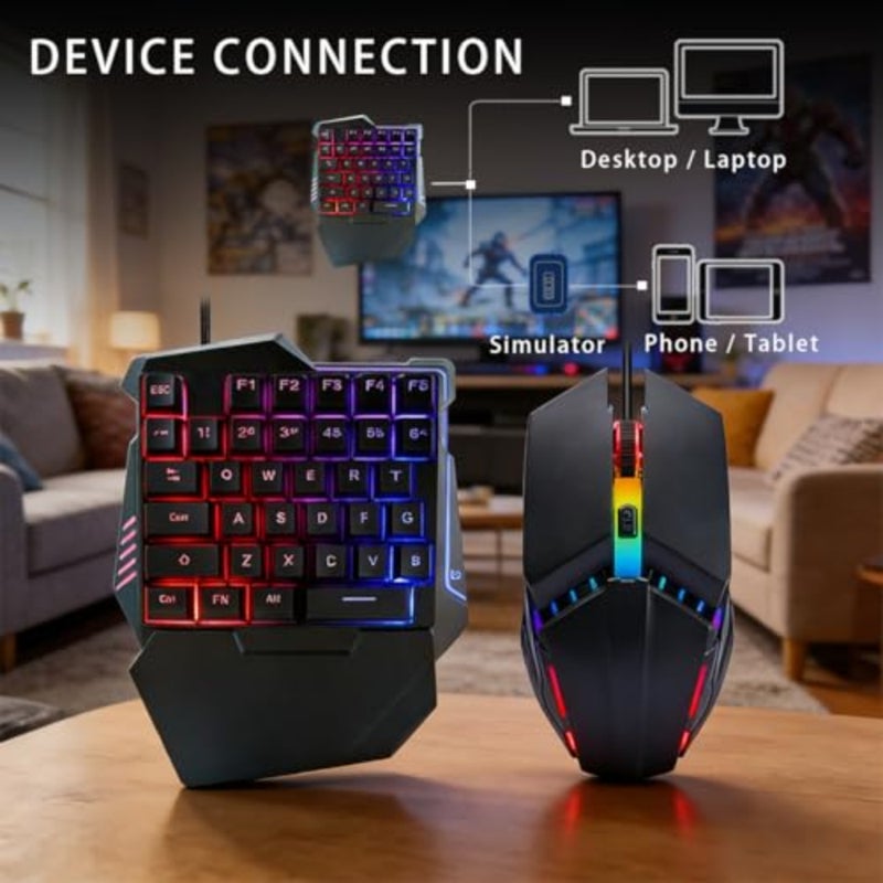 مجموعة وحدة تحكم الألعاب المحمولة للكمبيوتر الشخصي وPS4 وXbox: لوحة مفاتيح RGB صغيرة ذات 35 مفتاحًا وماوس مريح مع 1600 نقطة في البوصة، بلاستيك ABS، أسود مع إضاءة خلفية زرقاء، تصميم بيد واحدة - Image 4