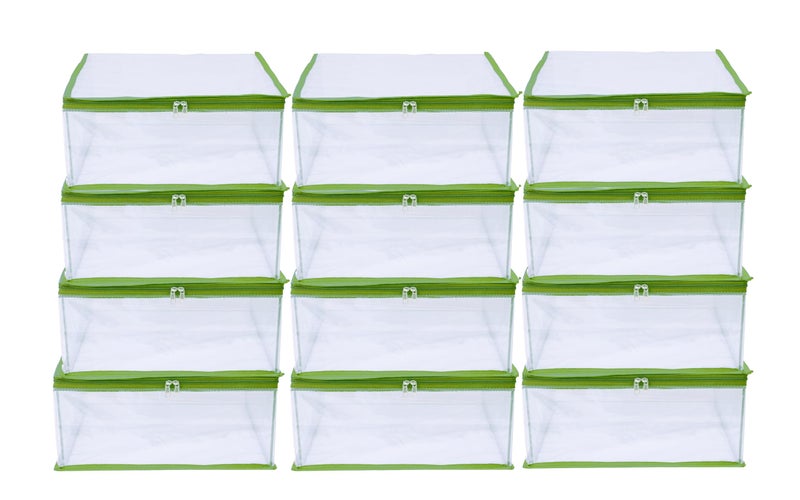 MBW Clothes Organiser for Wardrobe, Saree Covers with zip, Saree Organizer for Wardrobe, Clothes Storage Bag, Saree Bags Storage, Saree Covers for Storage, Transparent (Green - Pack of 12) - Image 1