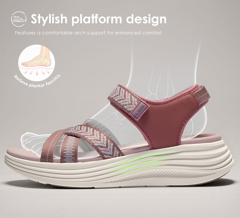 Vilanva Women's Comfortable Orthopedic Platform Walking Sandals with Arch Support Adjustable Buckle Cushioned Midsole for Plantar Fasciitis Relief Casual Sport Summer Outfits - Image 3