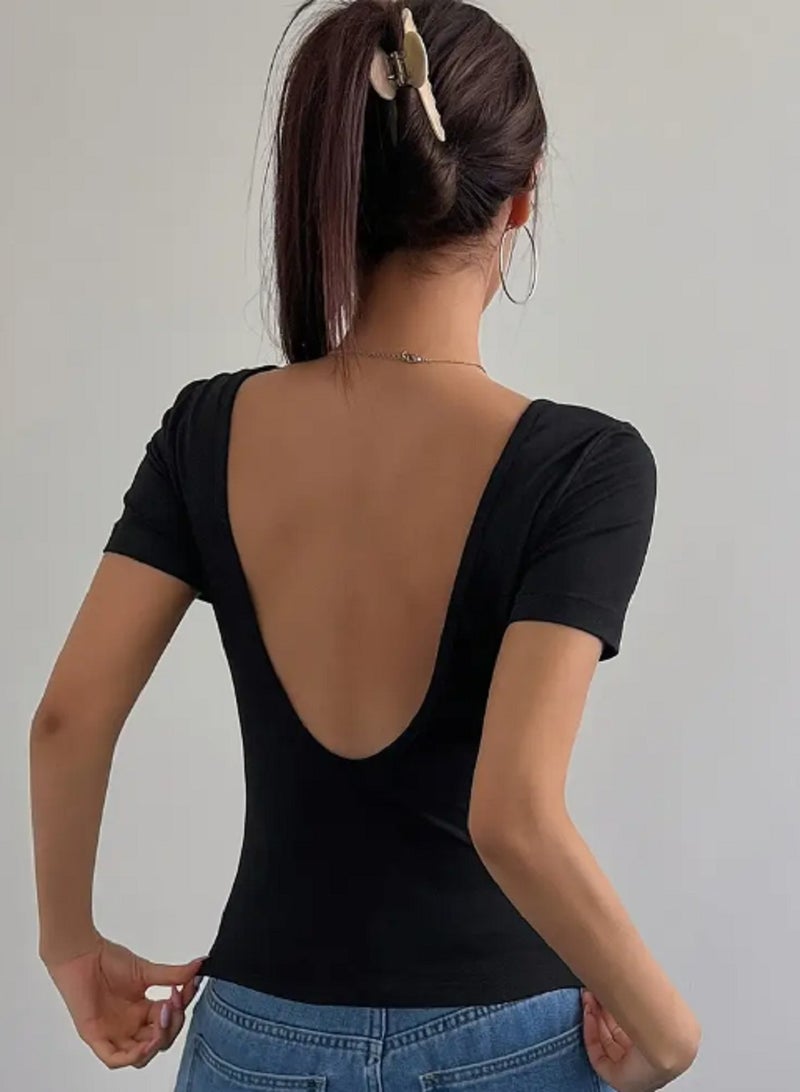 Women's teshirt with open back short sleeves round neck casual design cotton  - Image 2
