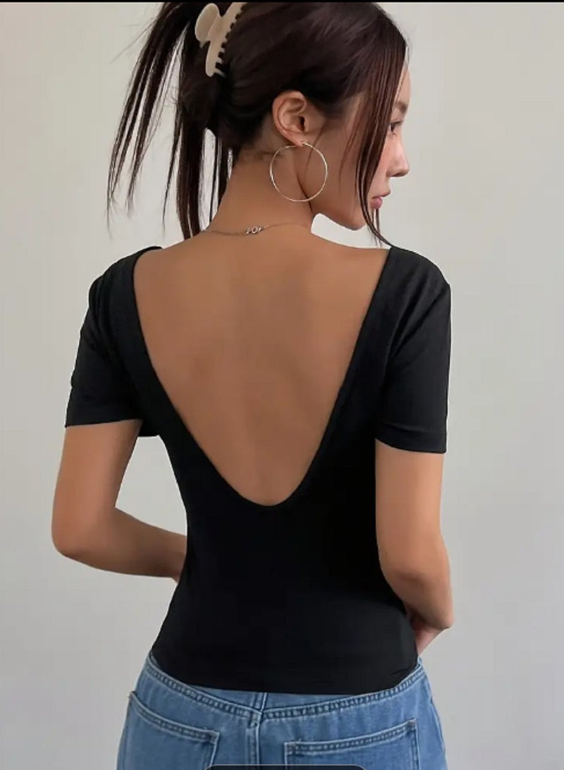 Women's teshirt with open back short sleeves round neck casual design cotton  - Image 4
