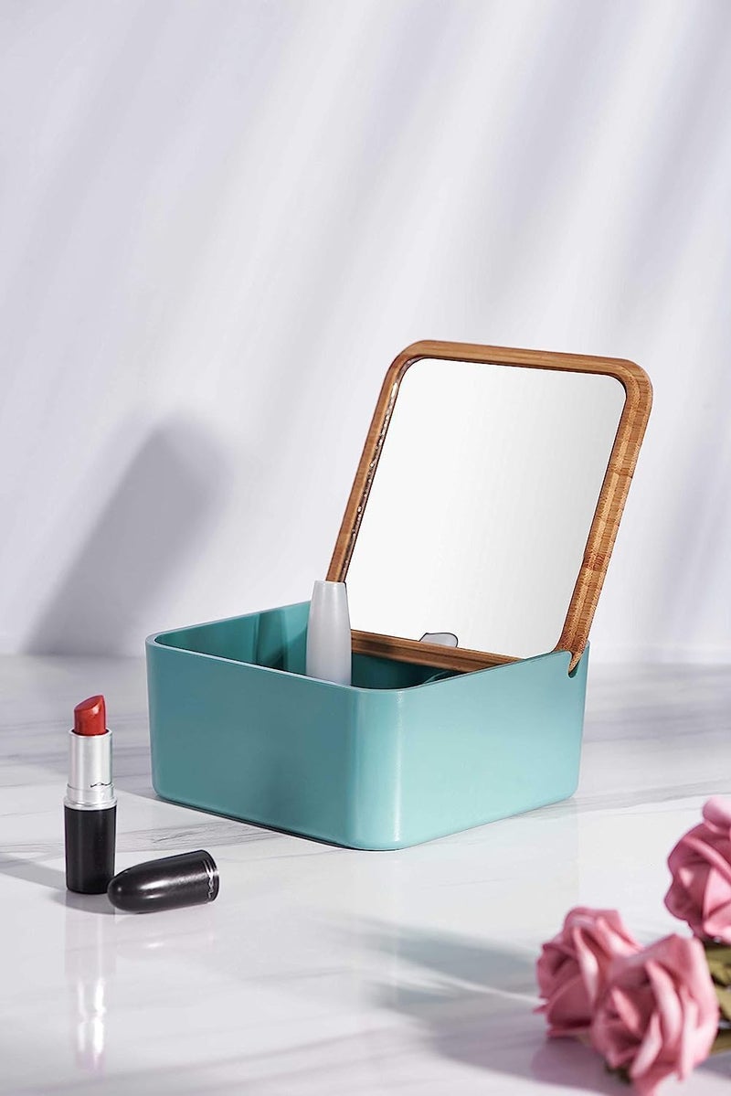 HOME CUBE HOME CUBE Portable Cosmetic Organizer 3 Compartment Storage Box with Bamboo Mirror Lid Dresser Organiser Storage Box for Jewelry Rings Earrings Necklaces Nail Polish Lipstick Brushes Lotions  - Image 5