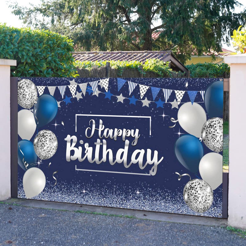 Tatuo Happy Birthday Decorations Backdrop  Glitter Birthday Backdrop Sign  Happy Birthday Banner  Birthday Party Supplies Photo Background for Men Women  72.8 x 43.3 Inch(Silver and Navy Blue) - Image 5