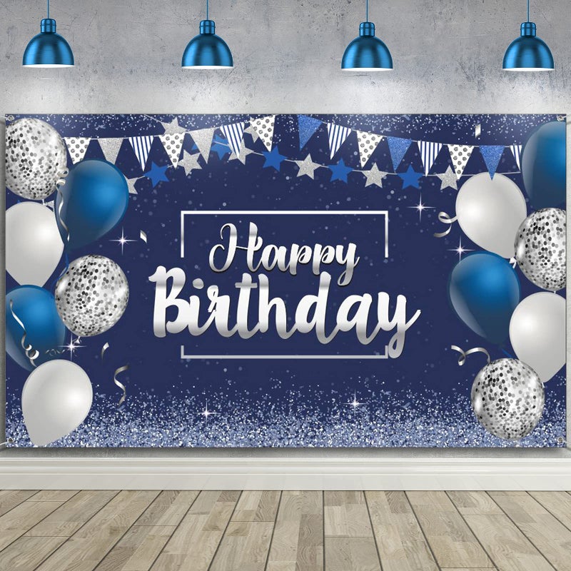Tatuo Happy Birthday Decorations Backdrop  Glitter Birthday Backdrop Sign  Happy Birthday Banner  Birthday Party Supplies Photo Background for Men Women  72.8 x 43.3 Inch(Silver and Navy Blue) - Image 1