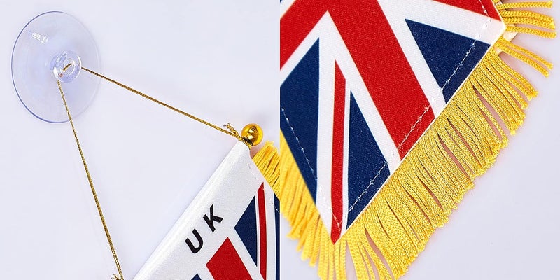 WXTWK 3 X 5 Inch UK United Kingdom Flag British Window Hanging Flag Small Mini Car Flags Banners Rearview Mirror Decoration With Suction Cup Golden Fringy Banner - Image 3