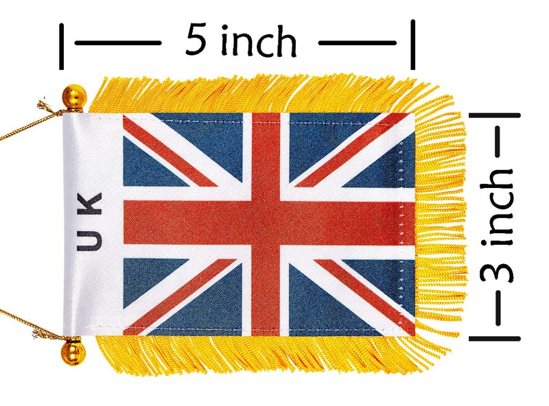 WXTWK 3 X 5 Inch UK United Kingdom Flag British Window Hanging Flag Small Mini Car Flags Banners Rearview Mirror Decoration With Suction Cup Golden Fringy Banner - Image 2
