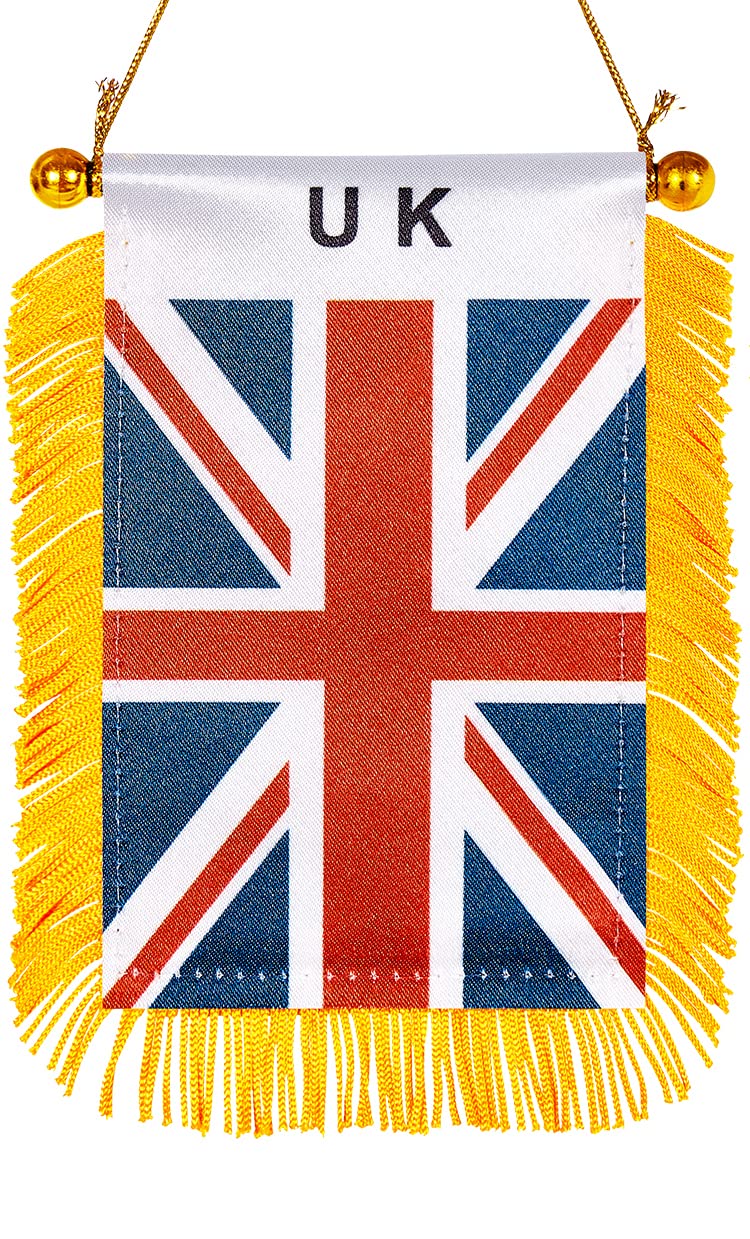 WXTWK 3 X 5 Inch UK United Kingdom Flag British Window Hanging Flag Small Mini Car Flags Banners Rearview Mirror Decoration With Suction Cup Golden Fringy Banner - Image 1
