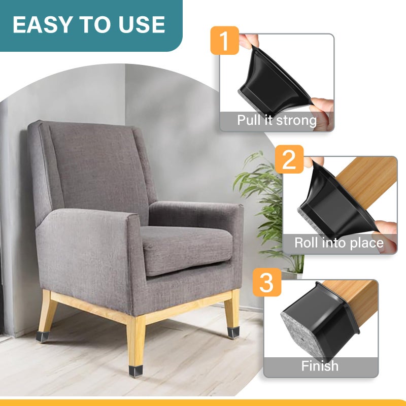 ANSIBLE 24 Pcs Chair Leg Floor Protectors Square Black Silicone Felt Furniture Leg Pads Caps Covers For Hardwood Floors(Fit:1-1/16"" To 1-5/8"") - Image 4