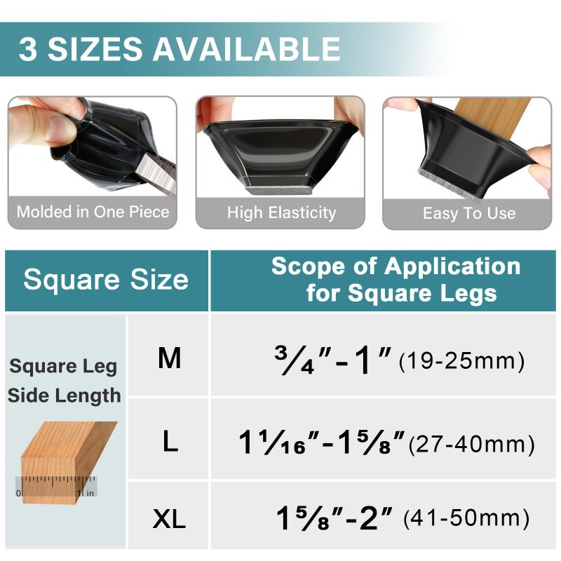 ANSIBLE 24 Pcs Chair Leg Floor Protectors Square Black Silicone Felt Furniture Leg Pads Caps Covers For Hardwood Floors(Fit:1-1/16"" To 1-5/8"") - Image 5