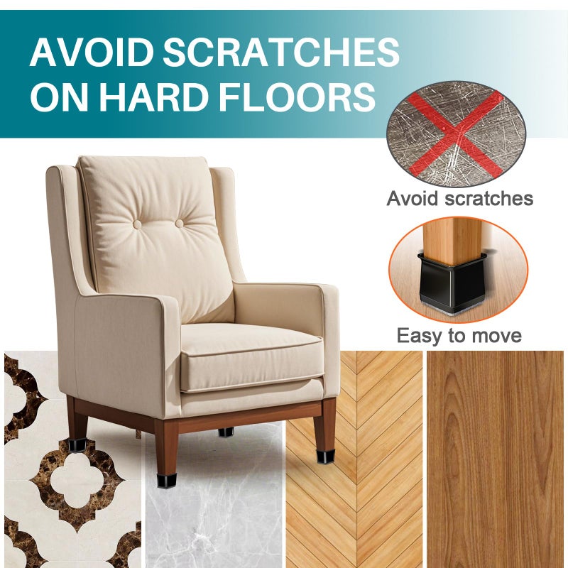 ANSIBLE 24 Pcs Chair Leg Floor Protectors Square Black Silicone Felt Furniture Leg Pads Caps Covers For Hardwood Floors(Fit:1-1/16"" To 1-5/8"") - Image 2