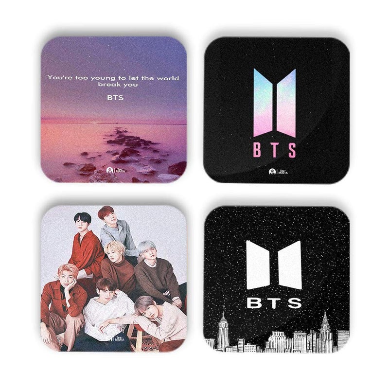 Tee Mafia Tee Mafia MDF Wood Printed BTS Tea Coaster for OfficeDining Table Home Decor Multicolour Set of 4