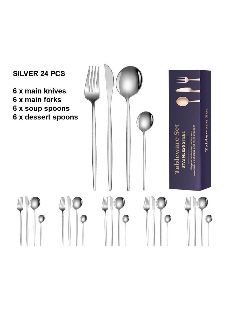 Premium 24-Piece Stainless Steel Cutlery Set in Multiple Colours Variations (Silver, Rose Gold, Gold, Pink/Gold, White/Gold Handles) with 6 X Main Knives/Main Forks/Soup Spoons/Dessert Spoons! Perfect for Gifting/Self-use!  - Image 1