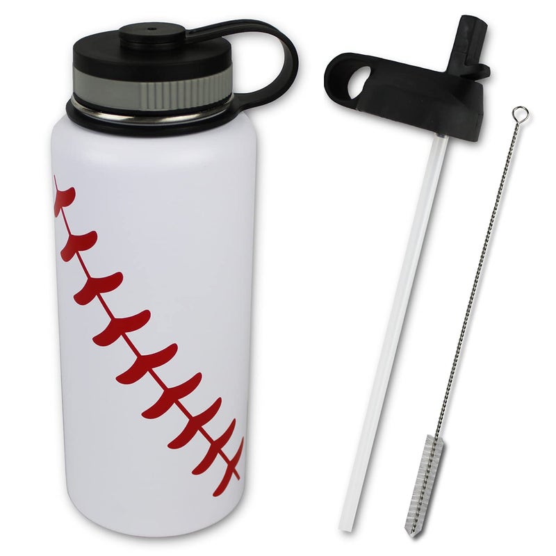 Urbanifi Water Bottle Baseball STRAW LID Tumbler 32 oz Gift for Mom Men Flask Sports Travel Waterbottle Stainless Steel Vacuum Insulated Water Cold for 24 Hot for 12 hours Baseball Straw Lid