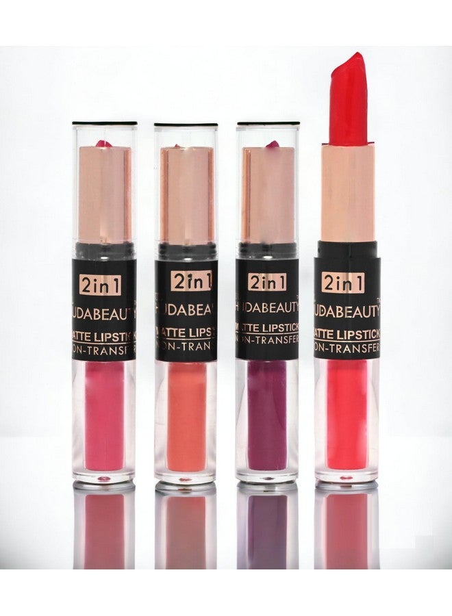 هدى كراش مجموعة أحمر الشفاه بيوتي 4 قطع مكونة من 2 في 1 أحمر شفاه سويسري سائل وغير لامع للنساء يدوم طويلاً ومقاوم للماء - Image 1