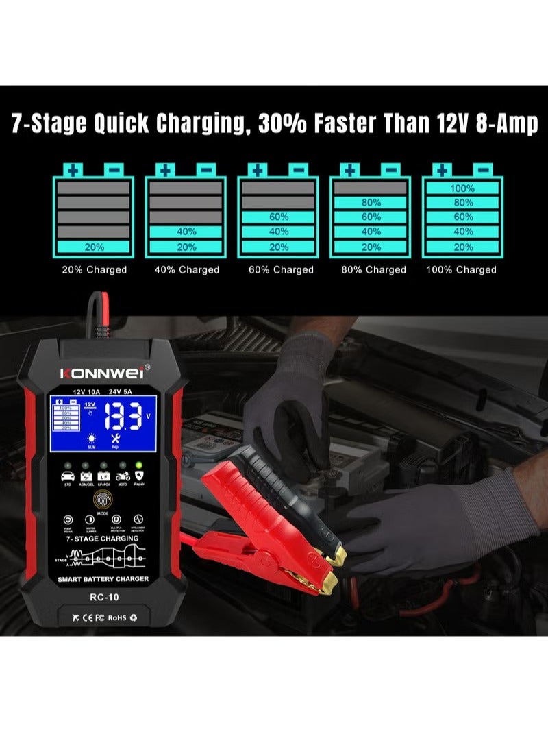 Konnwei 12V 10A 24V 5A Car Battery Charger, Smart Fully Automatic Battery Charger, Pulse Repairing, Battery Repair for Car Truck Motorcycle Lawn Mower Boat Marine Lead Acid Batteries Deep-Cycle Battery - Image 3