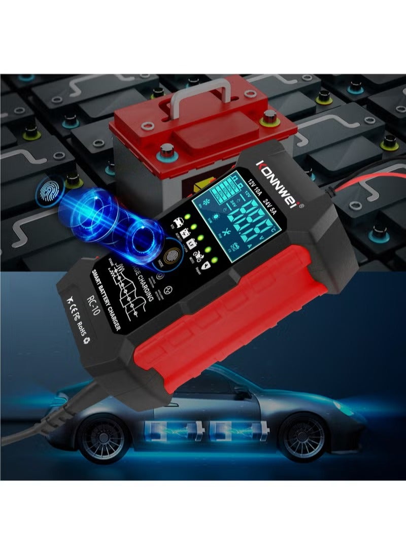 Konnwei 12V 10A 24V 5A Car Battery Charger, Smart Fully Automatic Battery Charger, Pulse Repairing, Battery Repair for Car Truck Motorcycle Lawn Mower Boat Marine Lead Acid Batteries Deep-Cycle Battery - Image 4