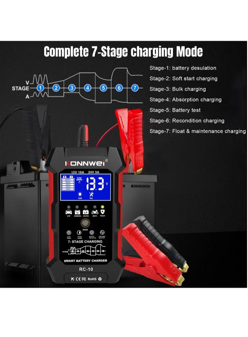Konnwei 12V 10A 24V 5A Car Battery Charger, Smart Fully Automatic Battery Charger, Pulse Repairing, Battery Repair for Car Truck Motorcycle Lawn Mower Boat Marine Lead Acid Batteries Deep-Cycle Battery - Image 5