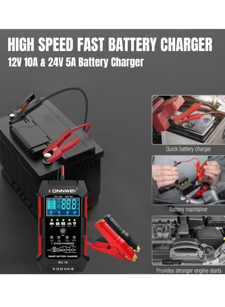 Konnwei 12V 10A 24V 5A Car Battery Charger, Smart Fully Automatic Battery Charger, Pulse Repairing, Battery Repair for Car Truck Motorcycle Lawn Mower Boat Marine Lead Acid Batteries Deep-Cycle Battery - Image 2