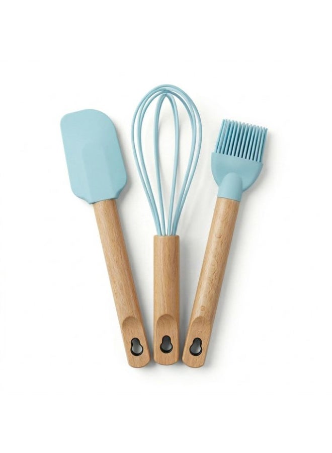 3-piece silicone kitchen utensil set with wooden handle – spatula + brush + hand whisk - Image 1