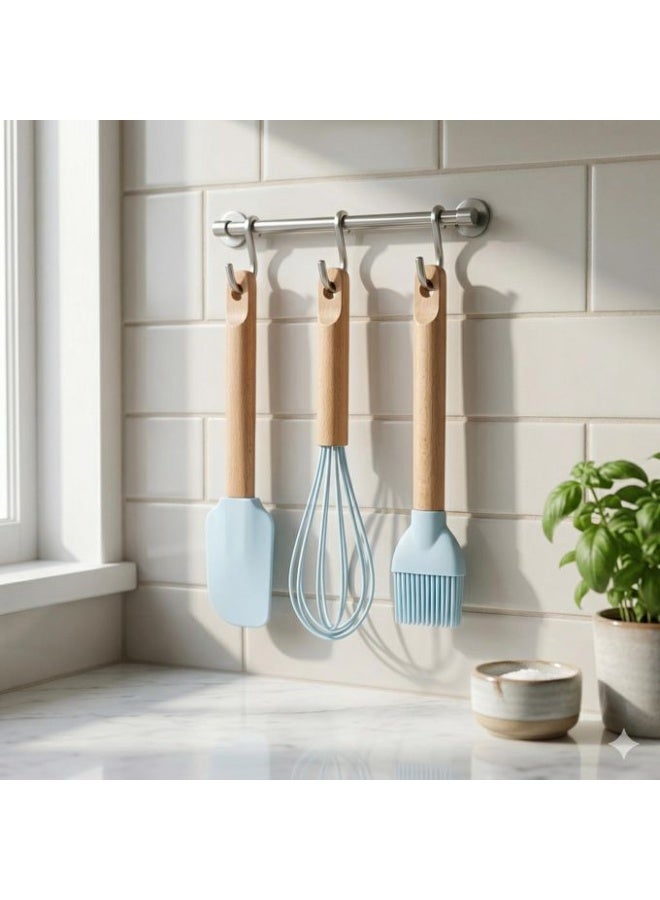 3-piece silicone kitchen utensil set with wooden handle – spatula + brush + hand whisk - Image 3