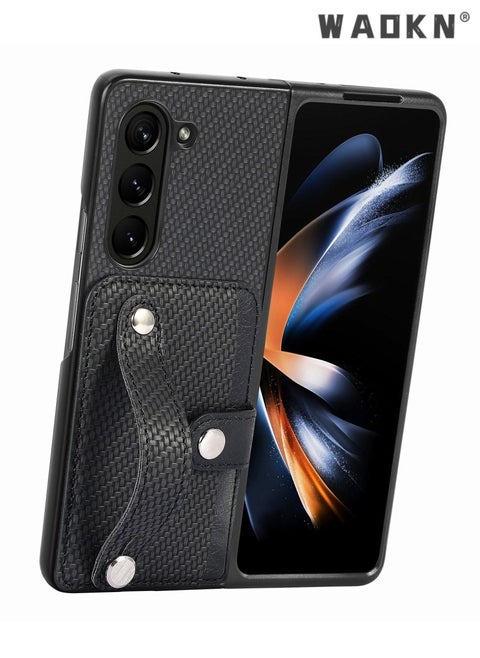 Case Compatible With Samsung Galaxy Z Fold 5 Cover with Hand Strap, Elastic Non-Slip Wristband Ultra Slim & Thin Shockproof Hard PC Protective Phone Case Cover for Galaxy Z Fold5,Black