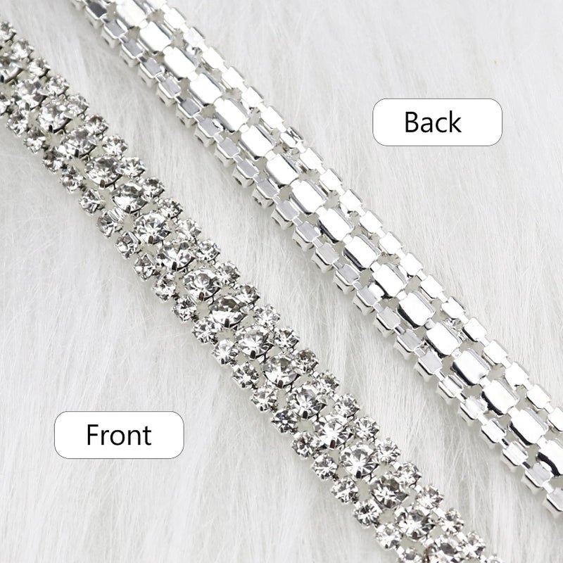 Towenm 6 Yards 3 Rows Crystal Rhinestone Chain, Silver Crystal Rhinestone Close Chain for Jewelry Making, Sewing Rhinestone Trim for Crafts, Wedding Cake, Bouquet, Clothes, DIY Crocs, Cups - Image 3