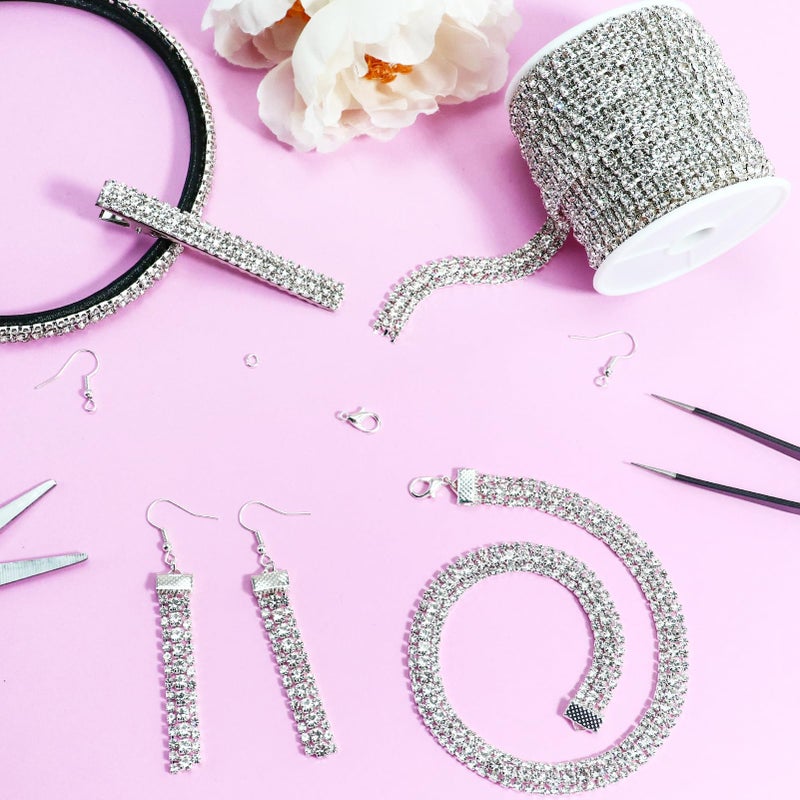 Towenm 6 Yards 3 Rows Crystal Rhinestone Chain, Silver Crystal Rhinestone Close Chain for Jewelry Making, Sewing Rhinestone Trim for Crafts, Wedding Cake, Bouquet, Clothes, DIY Crocs, Cups - Image 4