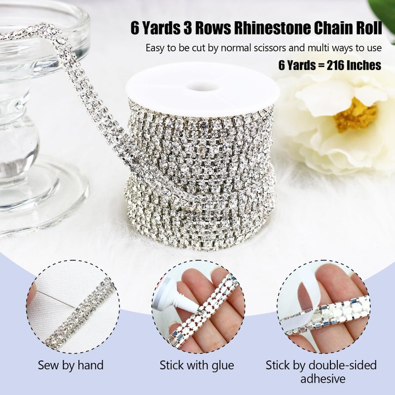 Towenm 6 Yards 3 Rows Crystal Rhinestone Chain, Silver Crystal Rhinestone Close Chain for Jewelry Making, Sewing Rhinestone Trim for Crafts, Wedding Cake, Bouquet, Clothes, DIY Crocs, Cups - Image 2