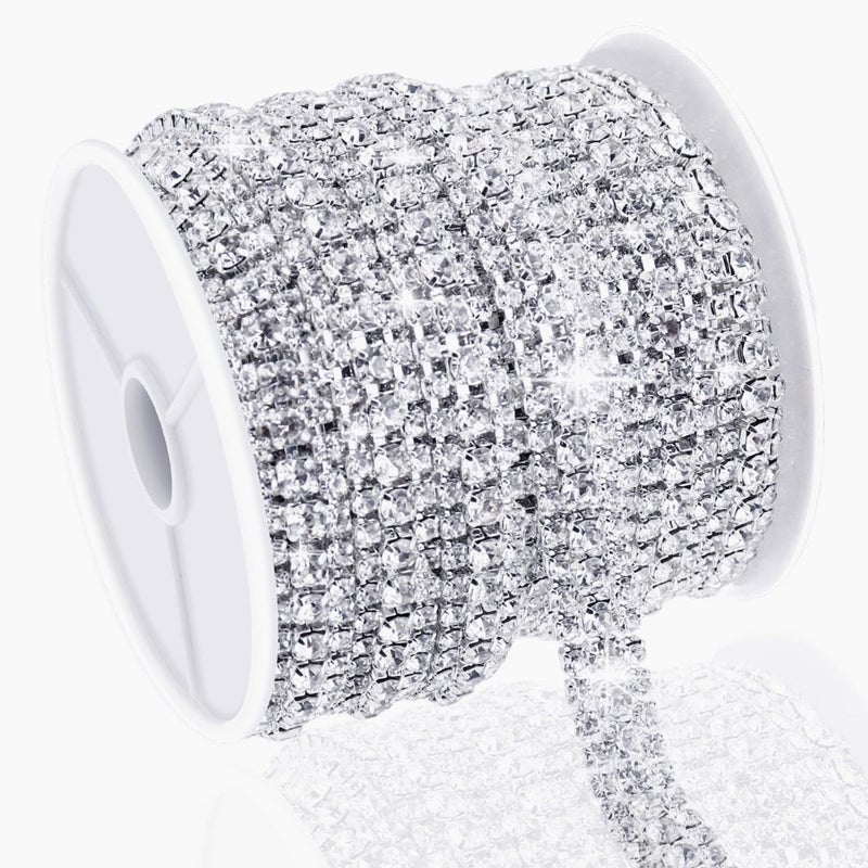 Towenm 6 Yards 3 Rows Crystal Rhinestone Chain, Silver Crystal Rhinestone Close Chain for Jewelry Making, Sewing Rhinestone Trim for Crafts, Wedding Cake, Bouquet, Clothes, DIY Crocs, Cups - Image 1