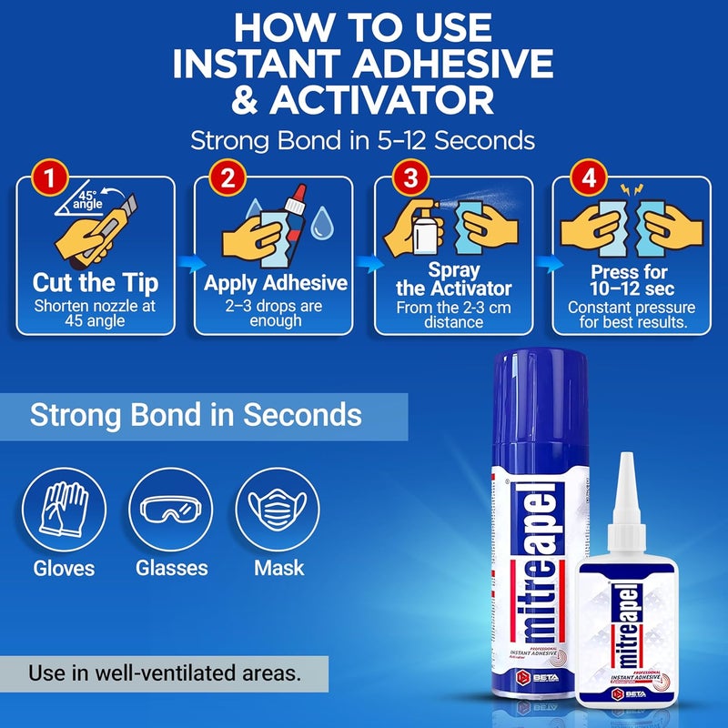 Mitreapel مادة الغراء Mitreapel Super Ca Glue (1.75 أونصة) مع محفز الغراء بالرش (6.75 أونصة سائلة) – غراء سيانوأكريليت للاستخدام في ال��رف اليدوية والبناء | عبوتان - Image 2