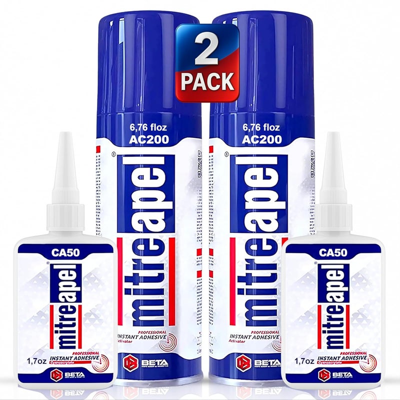 Mitreapel مادة الغراء Mitreapel Super Ca Glue (1.75 أونصة) مع محفز الغراء بالرش (6.75 أونصة سائلة) – غراء سيانوأكريليت للاستخدام في ال��رف اليدوية والبناء | عبوتان - Image 1