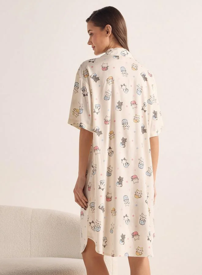 سبلاش فيڤ Printed Sleepshirt with Collar and Short Sleeves