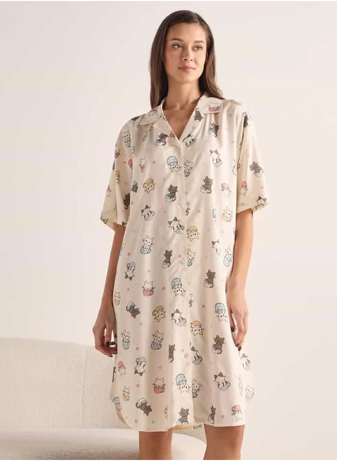FAV Printed Sleepshirt with Collar and Short Sleeves