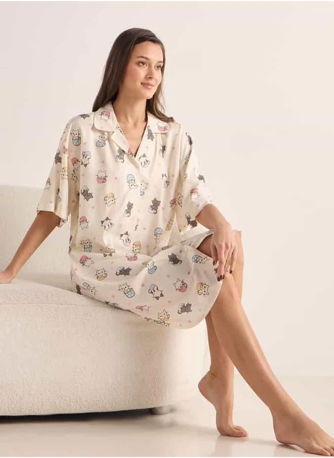 FAV Printed Sleepshirt with Collar and Short Sleeves
