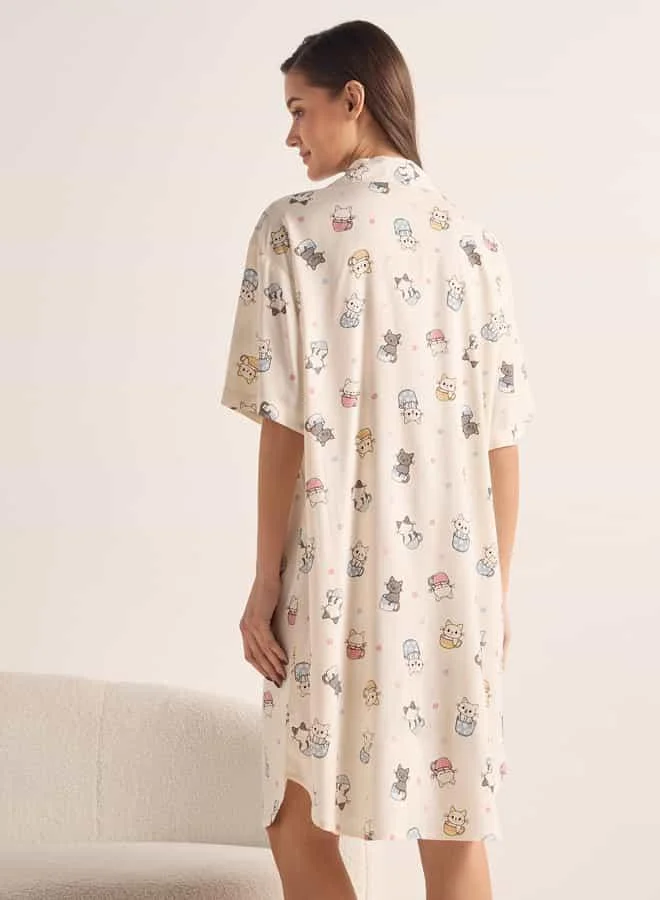 Splash FAV Printed Sleepshirt with Collar and Short Sleeves