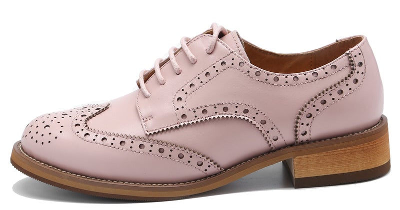 U-lite Women's Perforated Lace-up Wingtip Leather Flat Oxfords Vintage Oxford Shoes Brogues (7, Pink) - Image 4