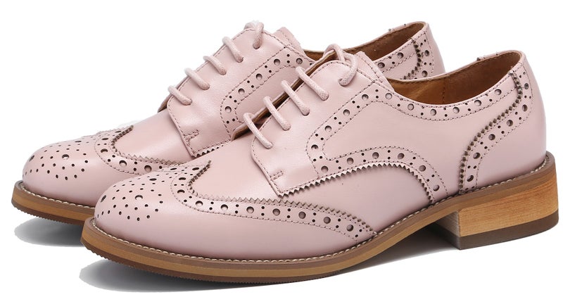 U-lite Women's Perforated Lace-up Wingtip Leather Flat Oxfords Vintage Oxford Shoes Brogues (7, Pink) - Image 3