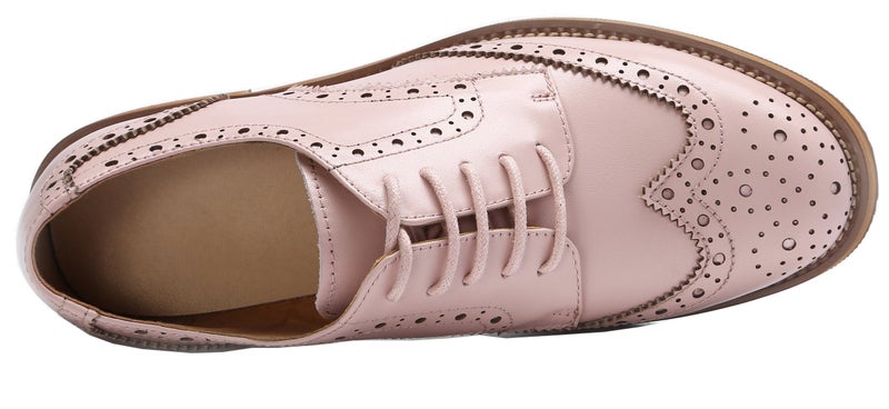 U-lite Women's Perforated Lace-up Wingtip Leather Flat Oxfords Vintage Oxford Shoes Brogues (7, Pink) - Image 5