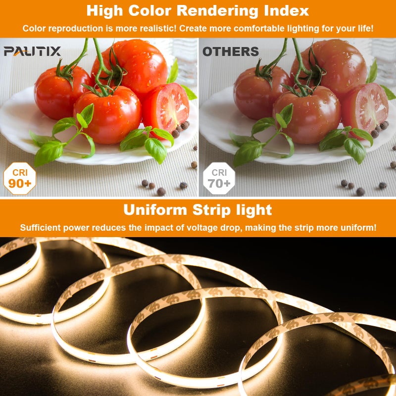 PAUTIX COB LED Strip Light 20ft/6.1m 3087LEDs Warm White 2700K CRI90+ High Lumen Super Bright,Lead-free Material Flexible DC24V LED Tape for Home&Office DIY Lighting Project(Power Supply Not Included) - Image 4