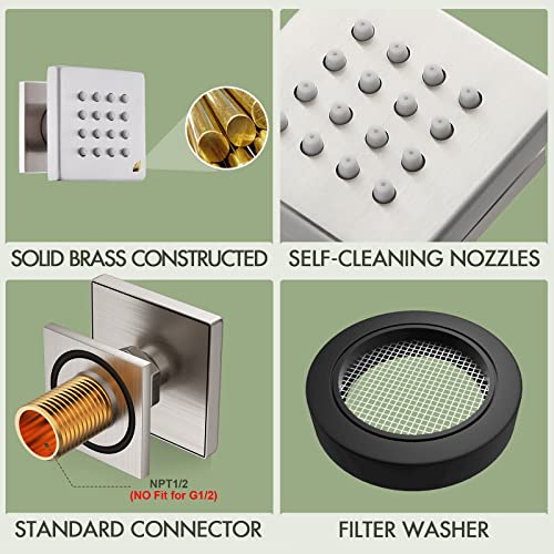 Bostingner Shower Body Spray Jets, Brushed Nickel Brass Square Shower Body Sprayer Spa Massage Showerhead Wall Mount Nozzles NPT 1/2”-4PCS (Brushed Nickel) - Image 4