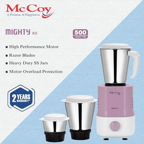 McCoy Mighty X5 Mixer Grinder | 3 SS Jars | 500 W Mixi | Hybrid Motor with 2 Years Warranty | Light Purple & White - Image 5