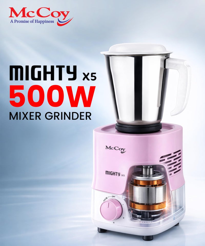 McCoy Mighty X5 Mixer Grinder | 3 SS Jars | 500 W Mixi | Hybrid Motor with 2 Years Warranty | Light Purple & White - Image 3